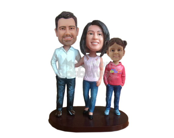 Father, Mother And Daughter Trio Wearing Jeans Personalized Bobblehead Father, Mother And Daughter Trio Wearing Jeans Personalized Bobblehead